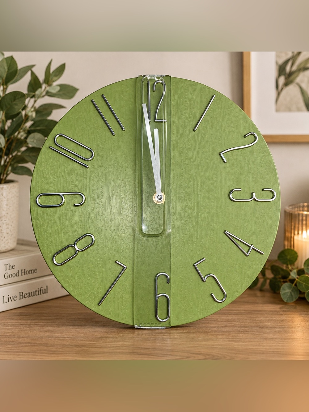 FANG Lime Green Round Modern Wall Clock with Chrome Numerals